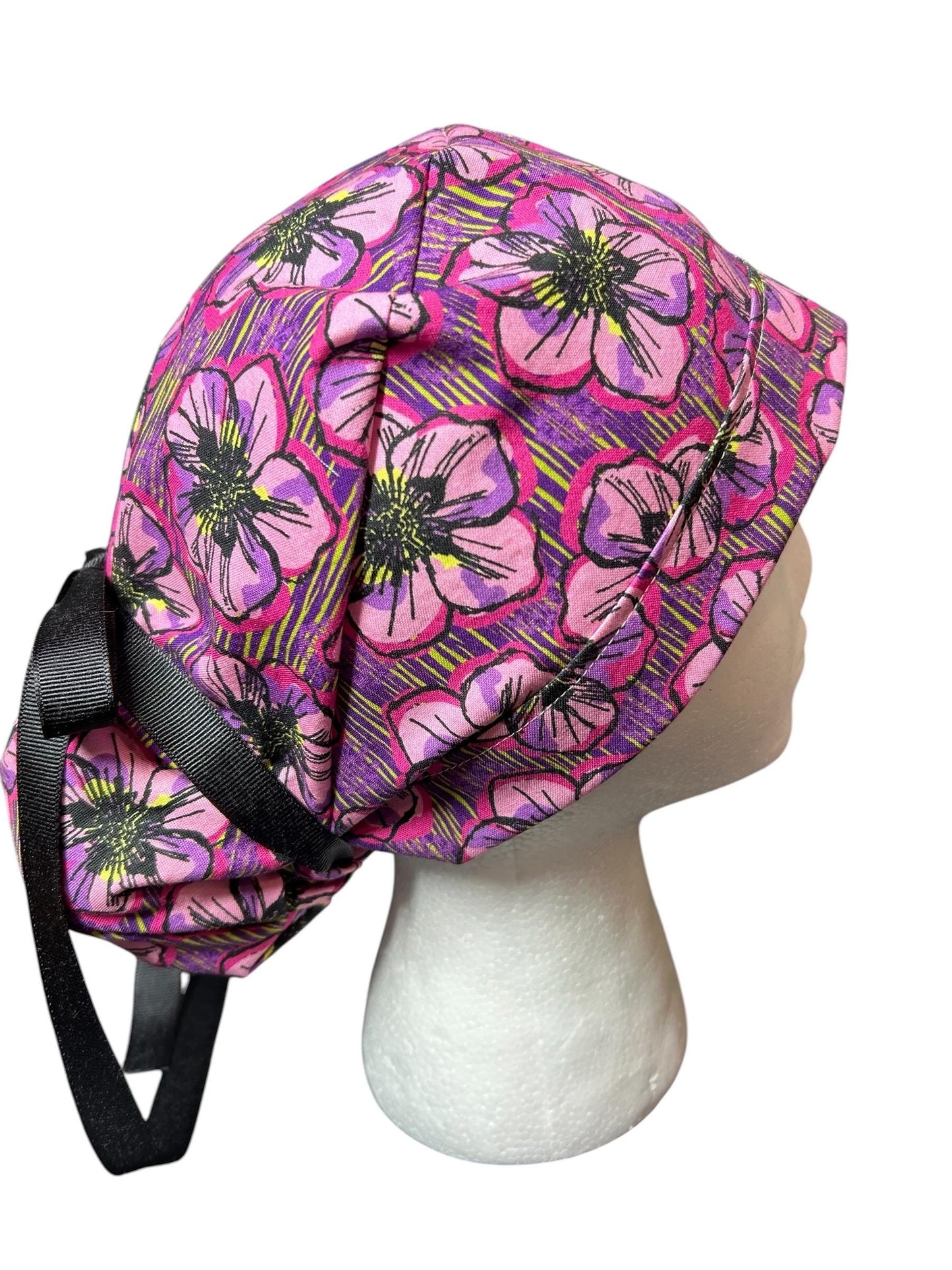 Purple Floral Ponytail Scrub Cap: Adjustable Cotton Scrub Hat