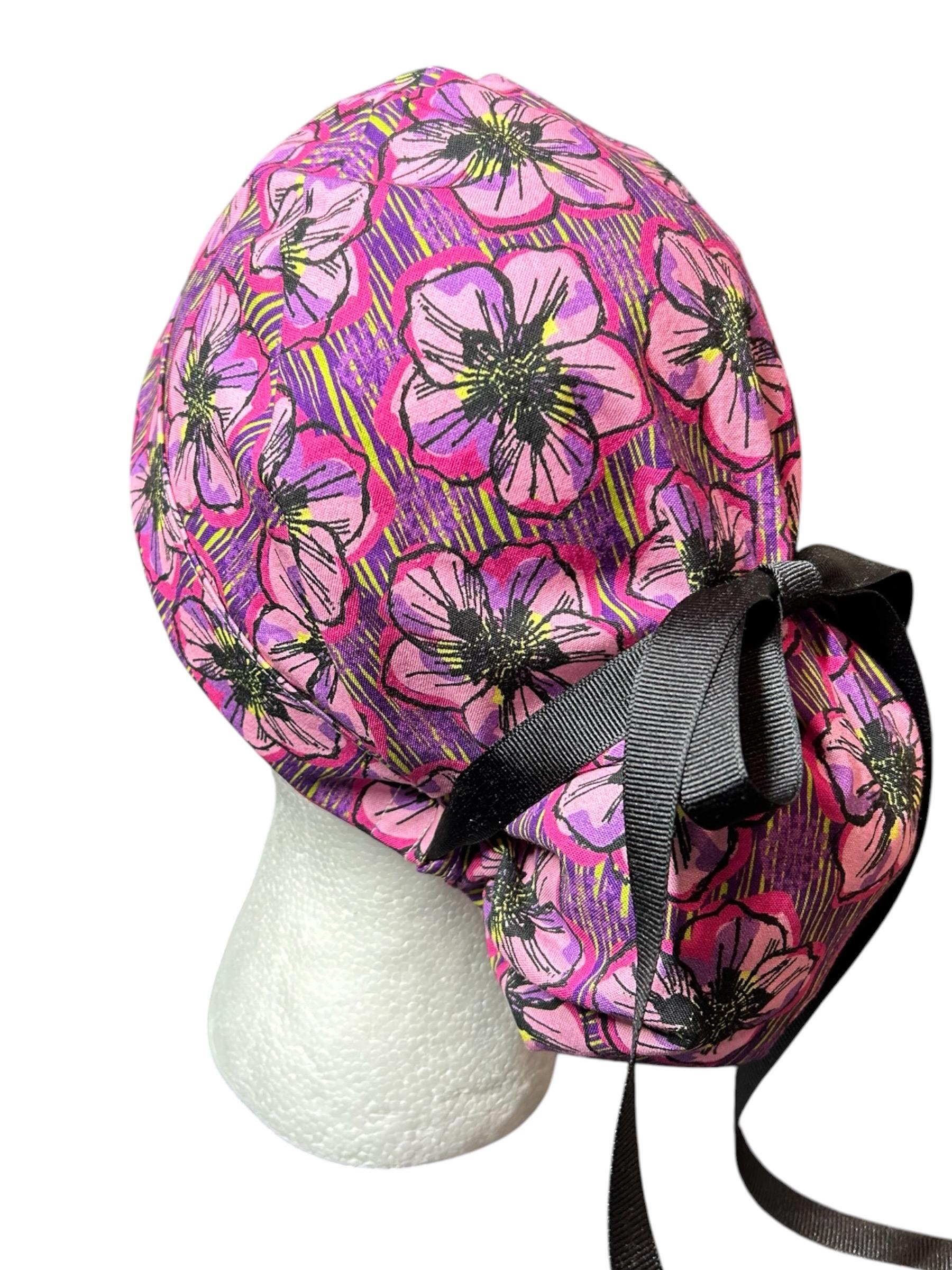 Purple Floral Ponytail Scrub Cap: Adjustable Cotton Scrub Hat