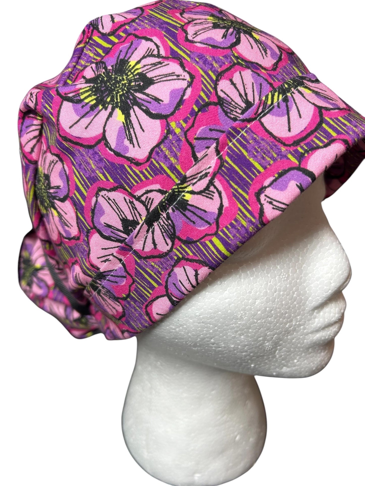 Purple Floral Ponytail Scrub Cap: Adjustable Cotton Scrub Hat