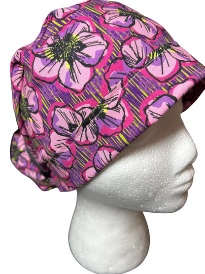 Purple Floral Ponytail Scrub Cap: Adjustable Cotton Scrub Hat