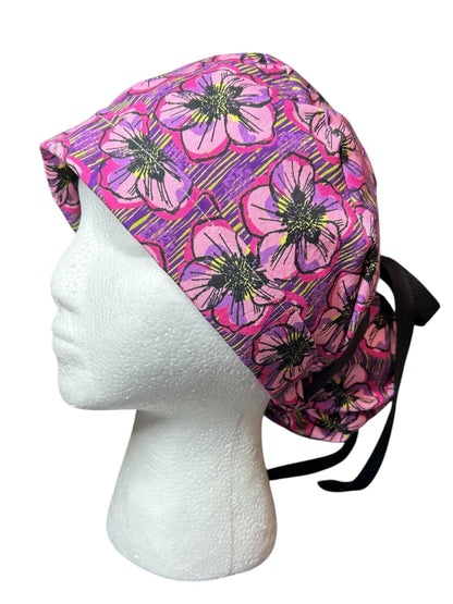 Purple Floral Ponytail Scrub Cap: Adjustable Cotton Scrub Hat