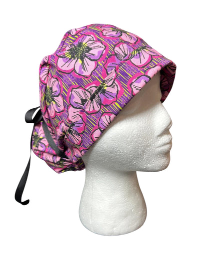 Purple Floral Ponytail Scrub Cap: Adjustable Cotton Scrub Hat