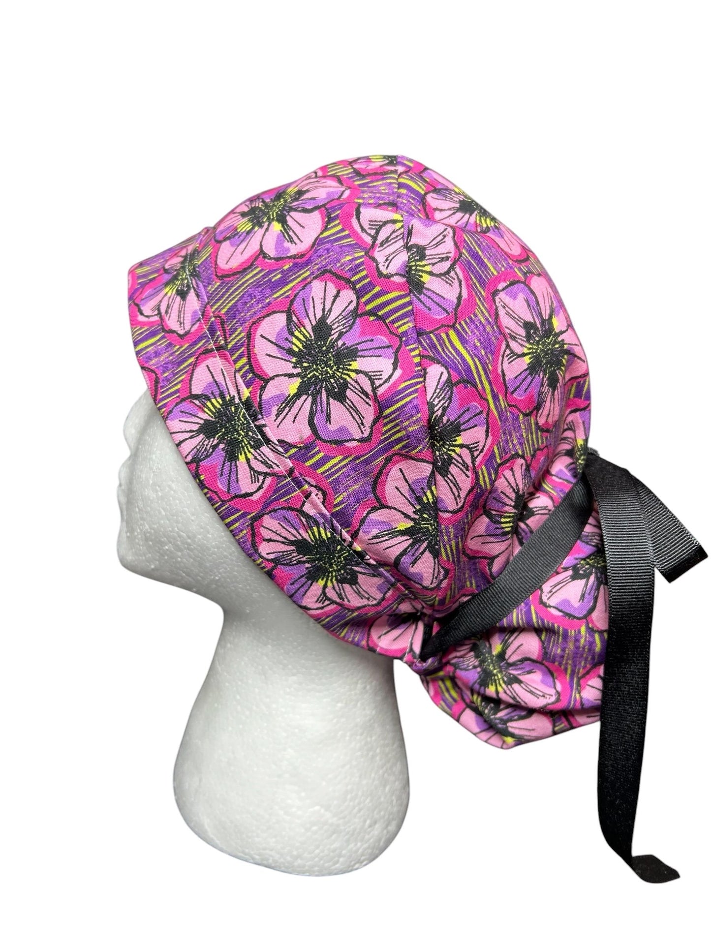 Purple Floral Ponytail Scrub Cap: Adjustable Cotton Scrub Hat