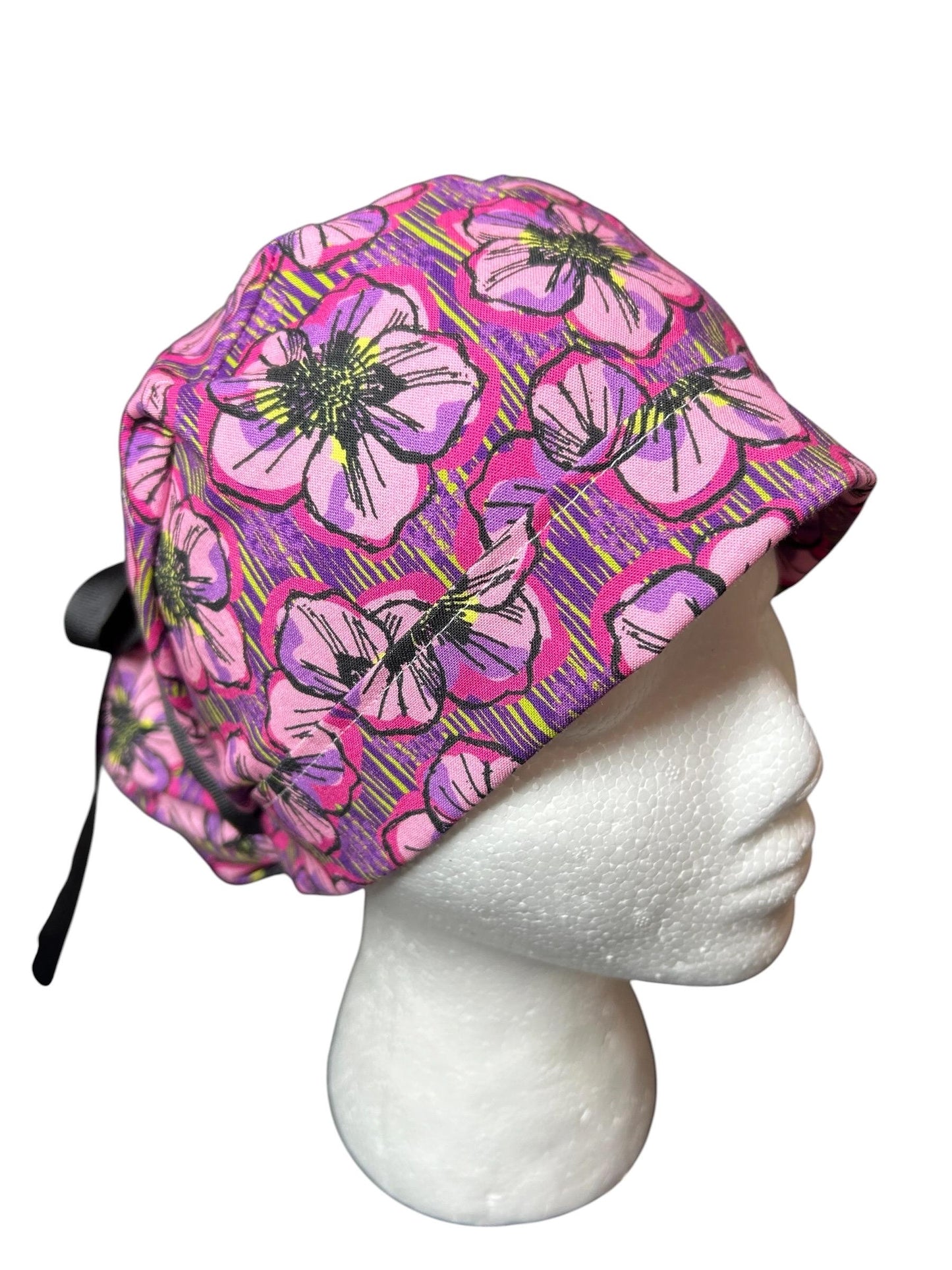 Purple Floral Ponytail Scrub Cap: Adjustable Cotton Scrub Hat