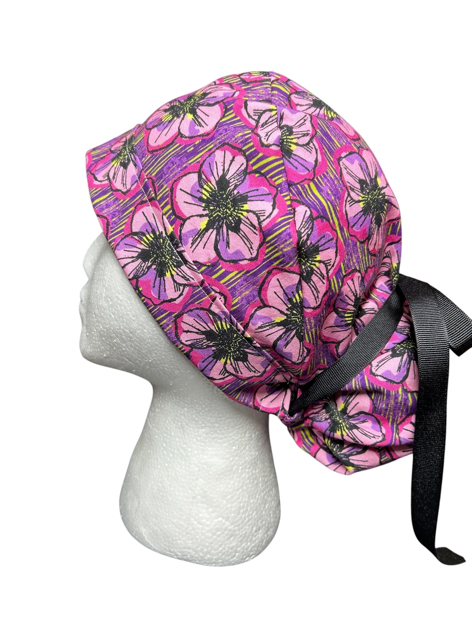 Purple Floral Ponytail Scrub Cap: Adjustable Cotton Scrub Hat