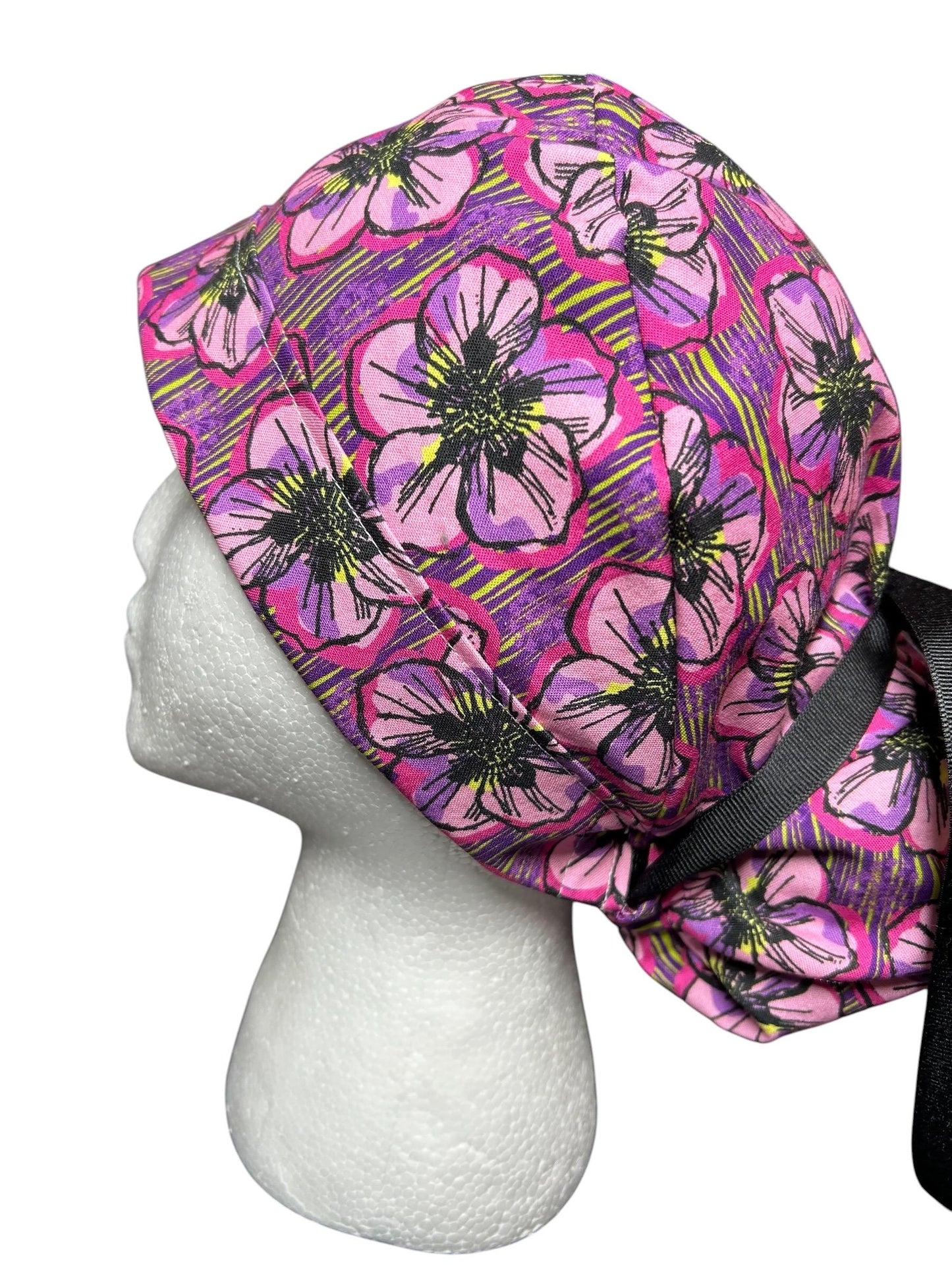 Purple Floral Ponytail Scrub Cap: Adjustable Cotton Scrub Hat
