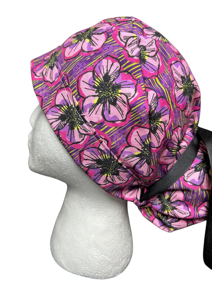 Purple Floral Ponytail Scrub Cap: Adjustable Cotton Scrub Hat