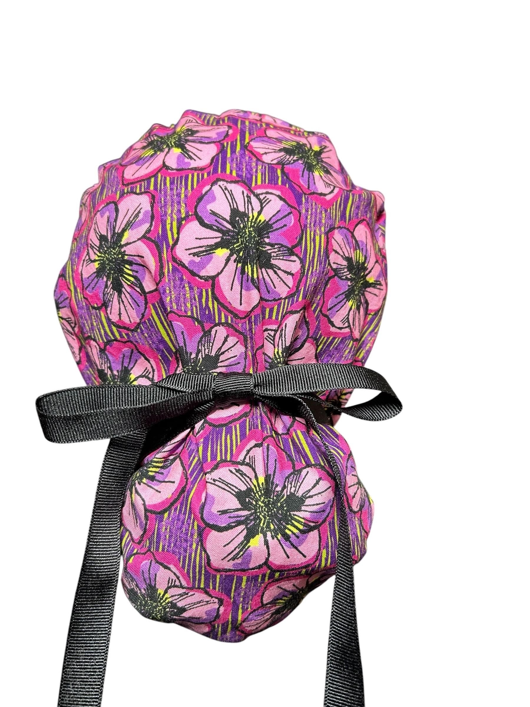 Purple Floral Ponytail Scrub Cap: Adjustable Cotton Scrub Hat