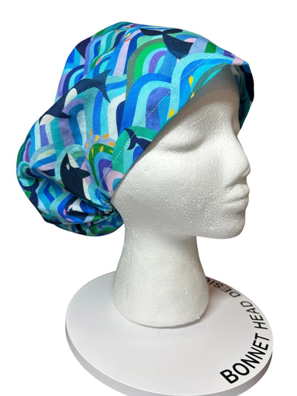 Euro Scrub Cap colorful orca whale print : Adjustable Toggle with elastic (Optional Satin Lining)