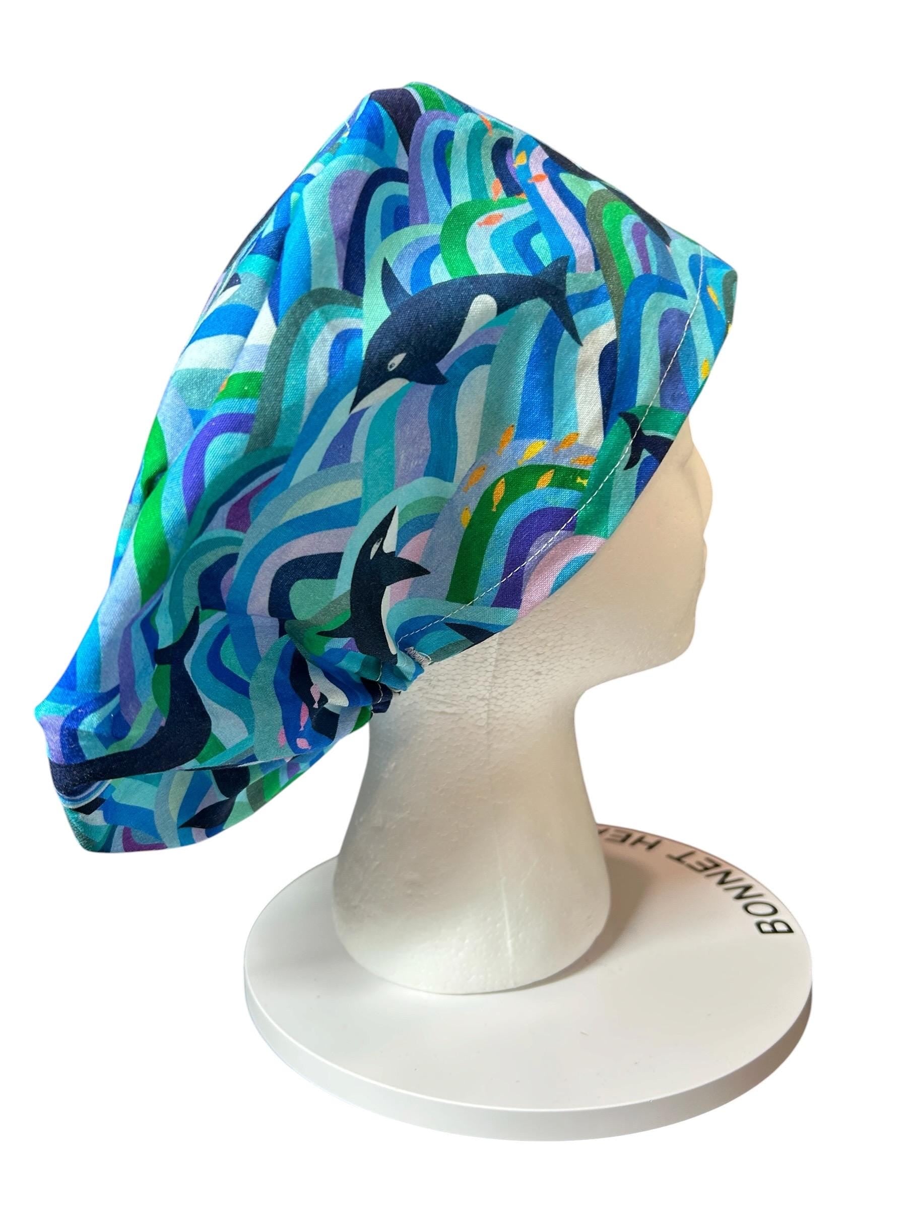Euro Scrub Cap colorful orca whale print : Adjustable Toggle with elastic (Optional Satin Lining)