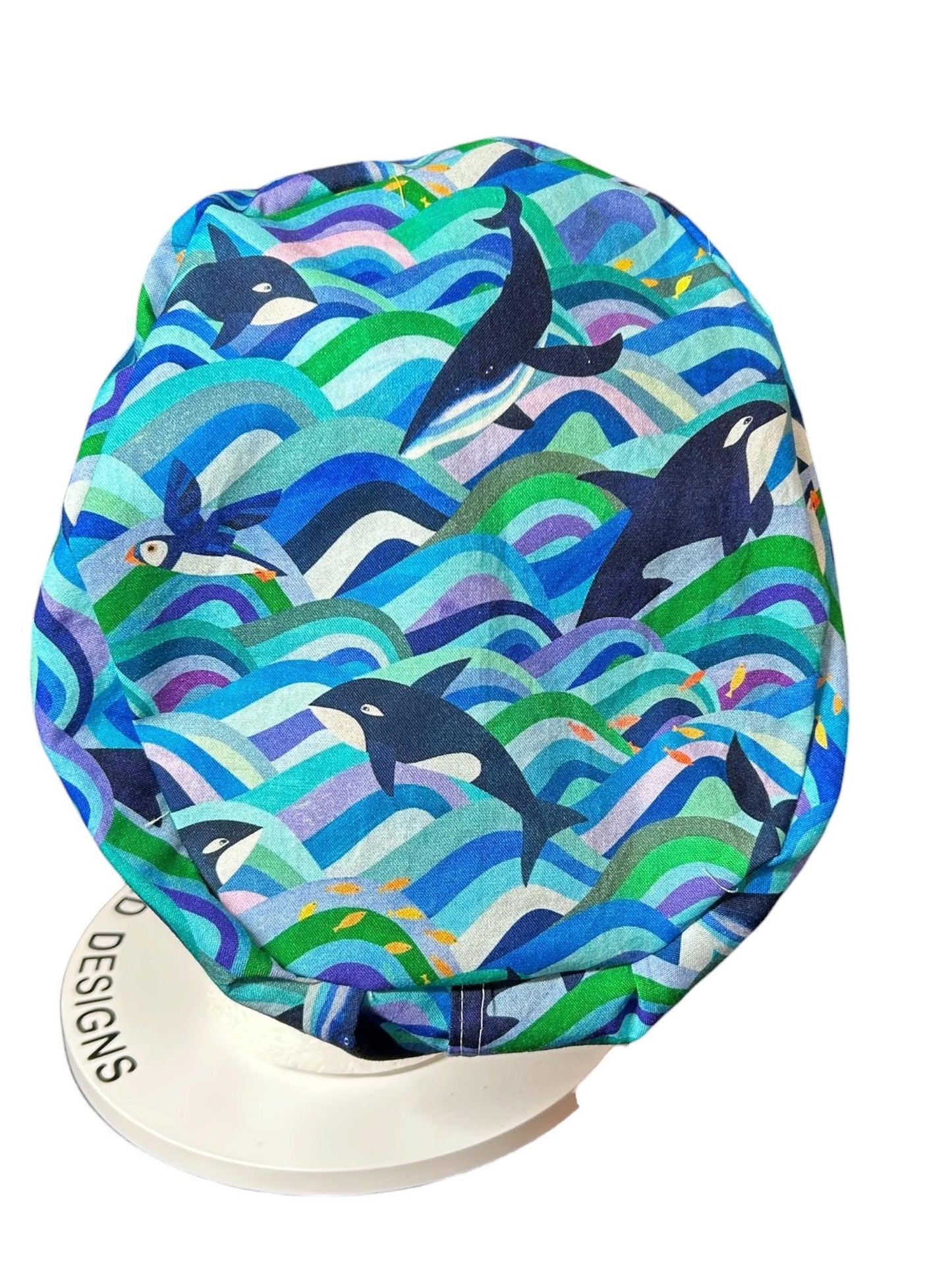 Euro Scrub Cap colorful orca whale print : Adjustable Toggle with elastic (Optional Satin Lining)