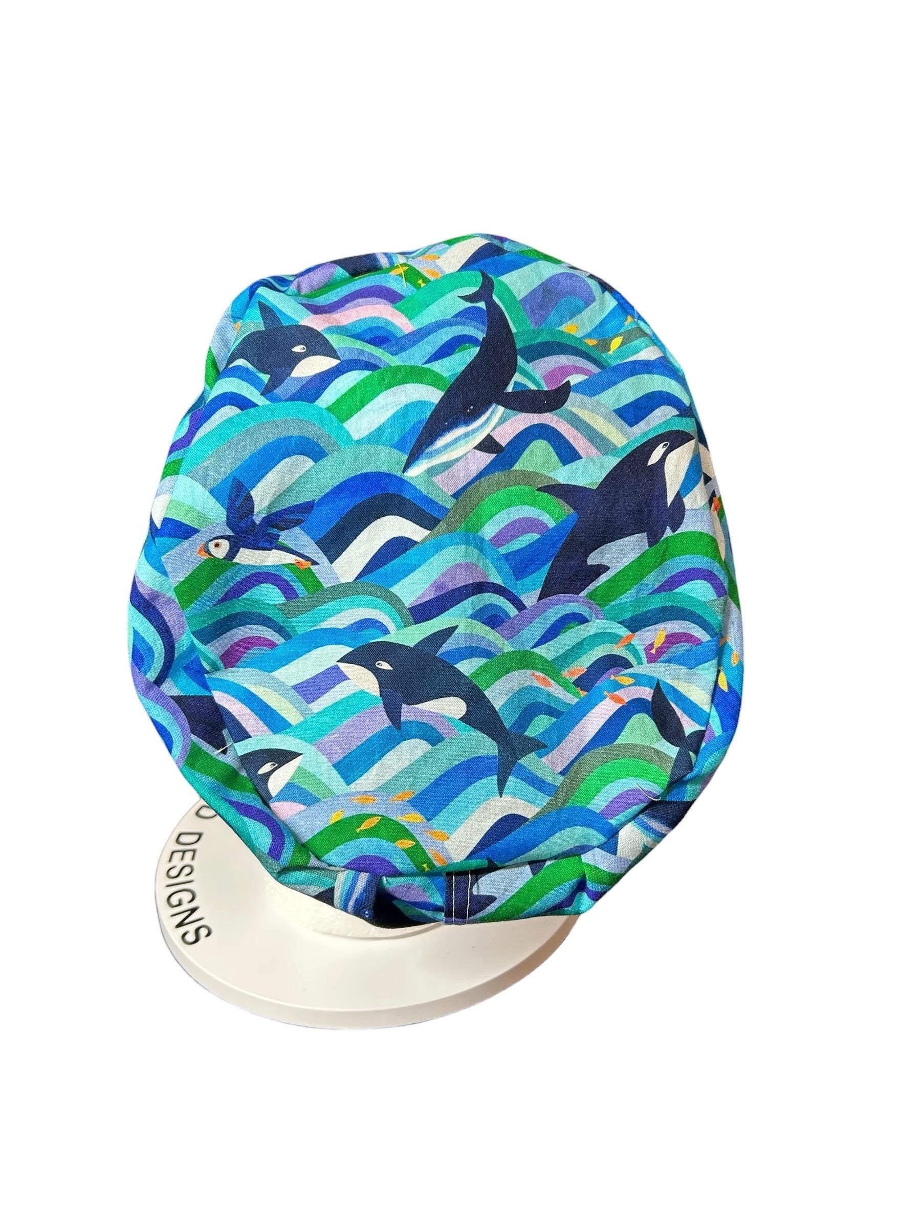 Euro Scrub Cap colorful orca whale print : Adjustable Toggle with elastic (Optional Satin Lining)