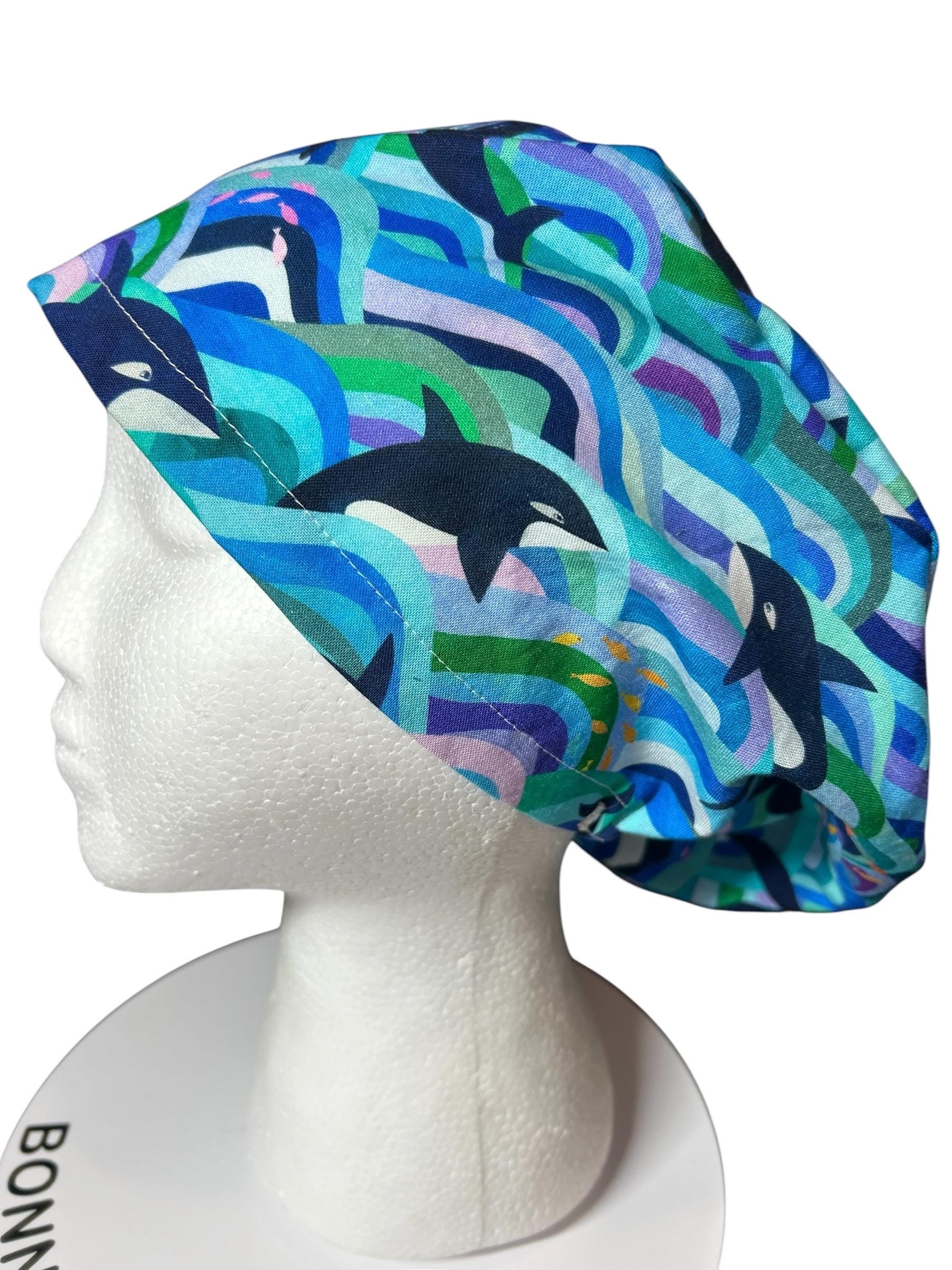 Euro Scrub Cap colorful orca whale print : Adjustable Toggle with elastic (Optional Satin Lining)