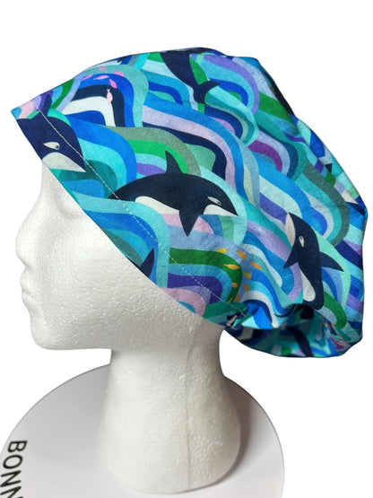 Euro Scrub Cap colorful orca whale print : Adjustable Toggle with elastic (Optional Satin Lining)