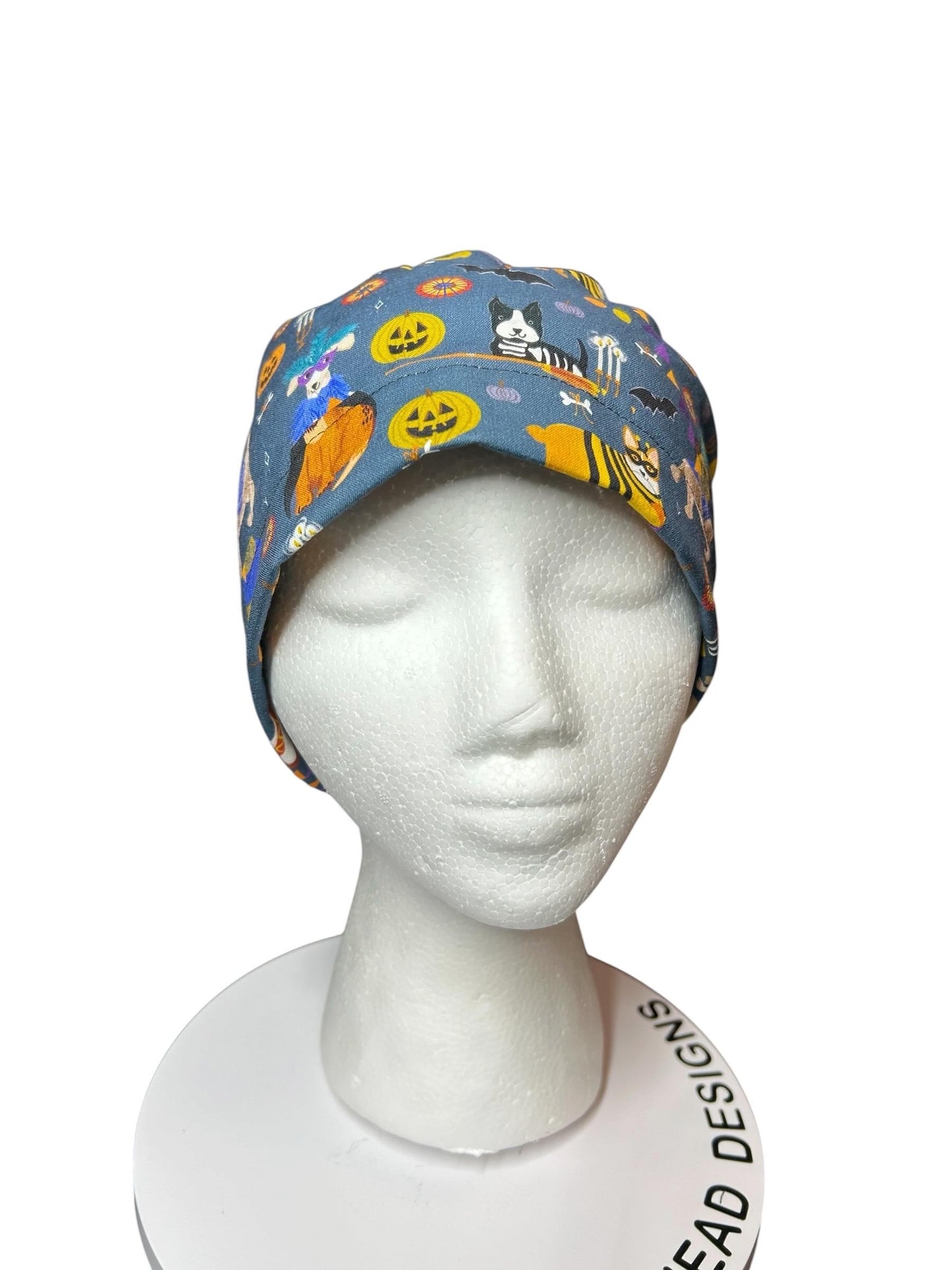 Howl-oween Dogs Scrub Cap| Halloween Costume Ponytail Hat with Adjustable Ribbon Ties | Medical Headwear