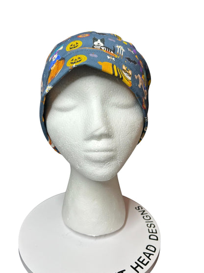 Howl-oween Dogs Scrub Cap| Halloween Costume Ponytail Hat with Adjustable Ribbon Ties | Medical Headwear
