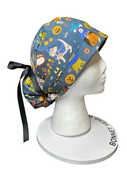 Howl-oween Dogs Scrub Cap| Halloween Costume Ponytail Hat with Adjustable Ribbon Ties | Medical Headwear