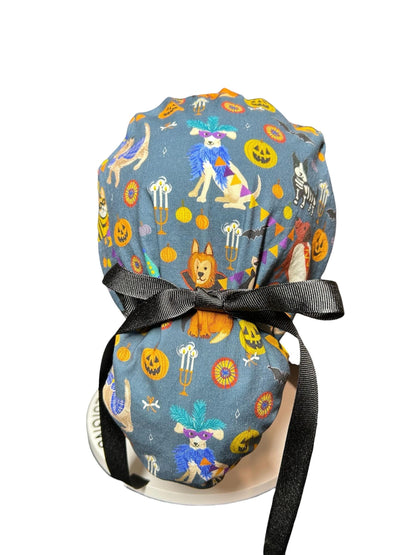 Howl-oween Dogs Scrub Cap| Halloween Costume Ponytail Hat with Adjustable Ribbon Ties | Medical Headwear
