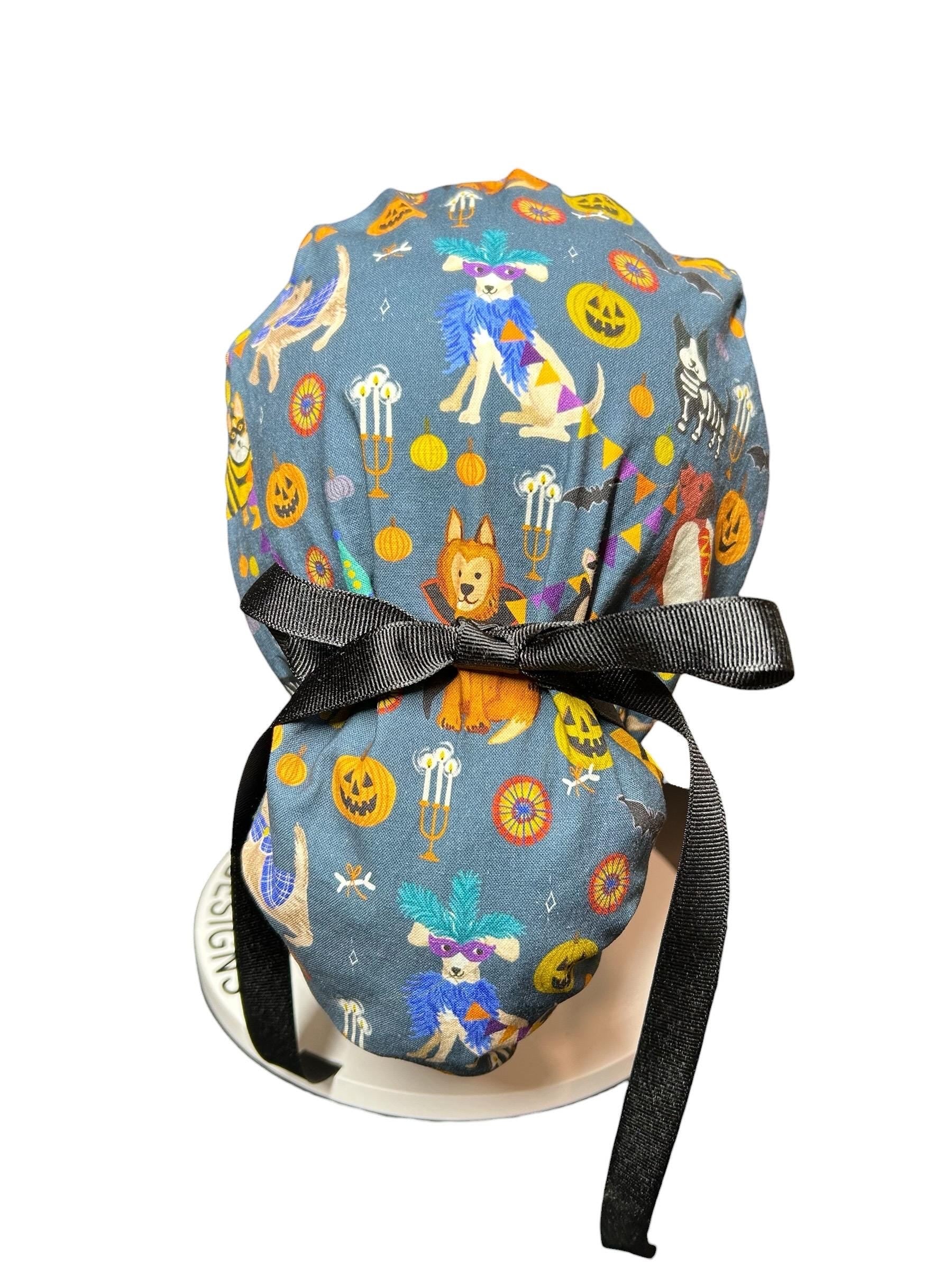 Howl-oween Dogs Scrub Cap| Halloween Costume Ponytail Hat with Adjustable Ribbon Ties | Medical Headwear