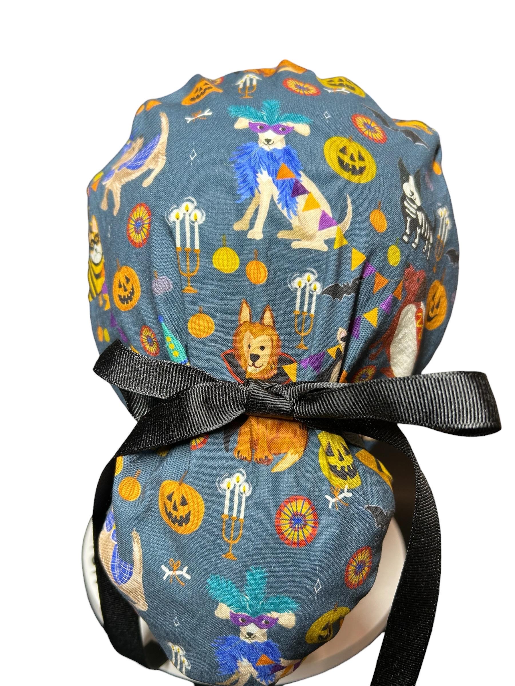 Howl-oween Dogs Scrub Cap| Halloween Costume Ponytail Hat with Adjustable Ribbon Ties | Medical Headwear