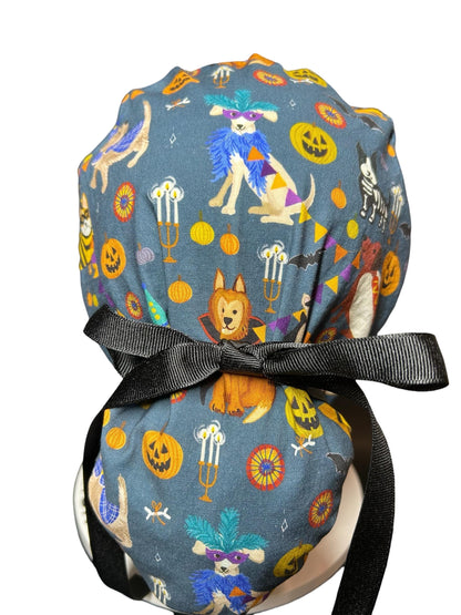 Howl-oween Dogs Scrub Cap| Halloween Costume Ponytail Hat with Adjustable Ribbon Ties | Medical Headwear