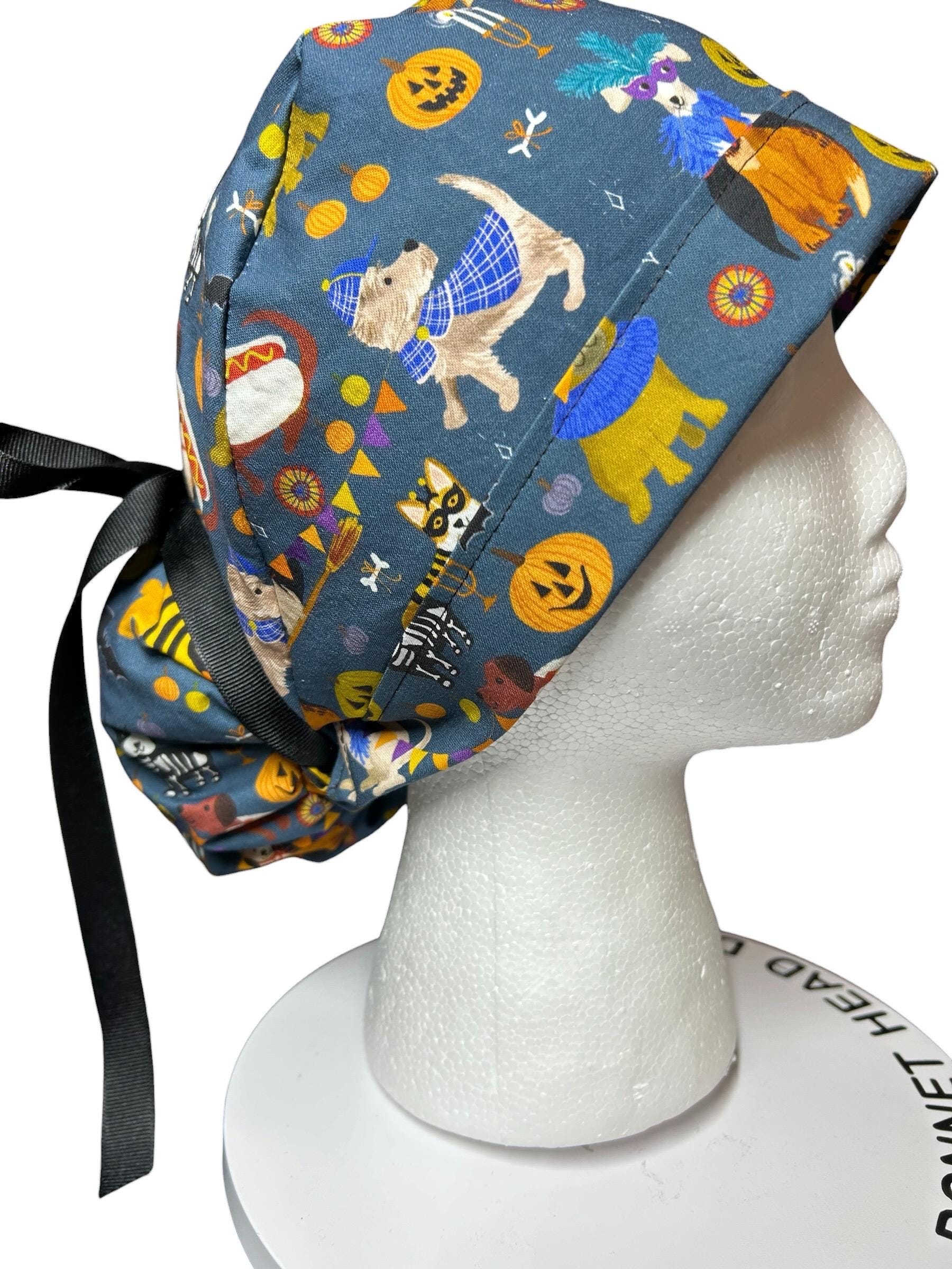 Howl-oween Dogs Scrub Cap| Halloween Costume Ponytail Hat with Adjustable Ribbon Ties | Medical Headwear