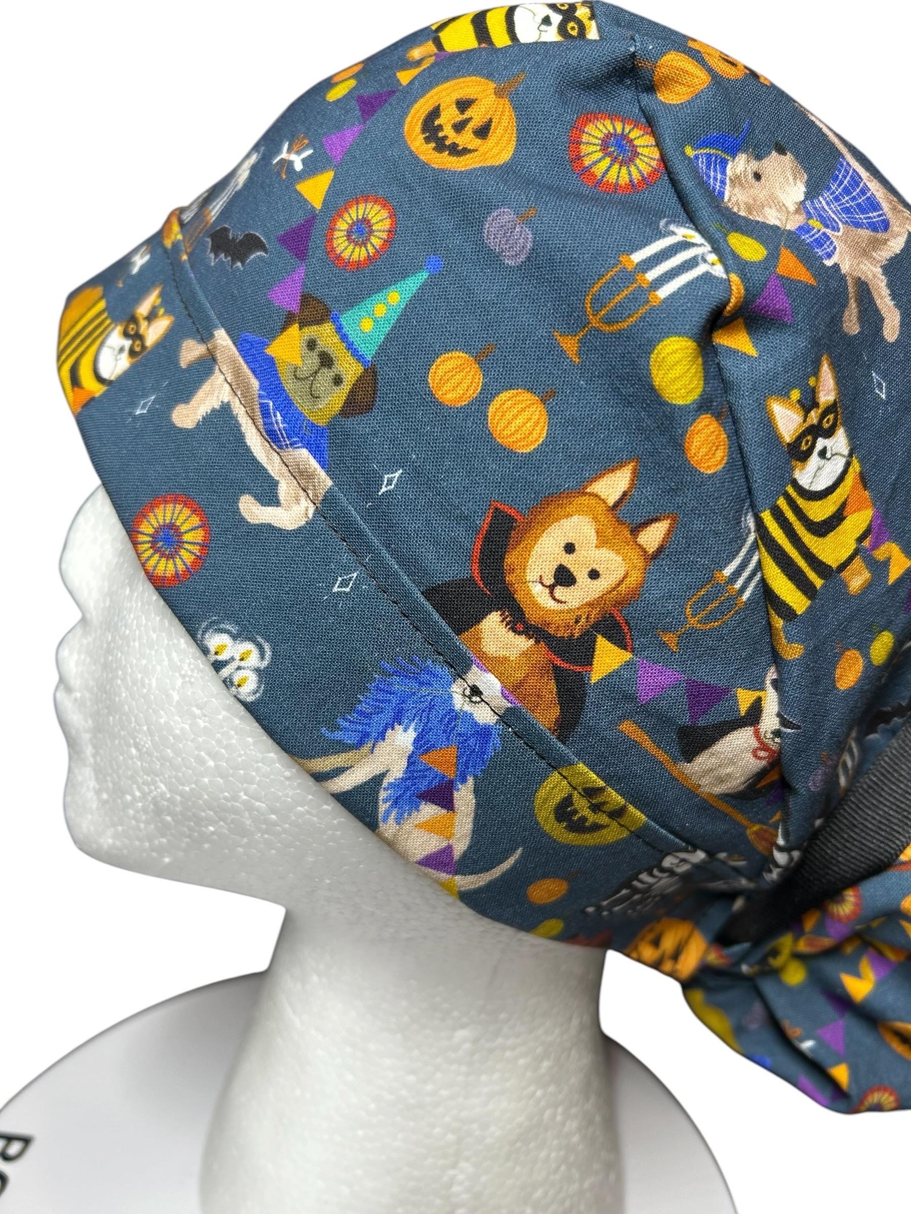 Howl-oween Dogs Scrub Cap| Halloween Costume Ponytail Hat with Adjustable Ribbon Ties | Medical Headwear