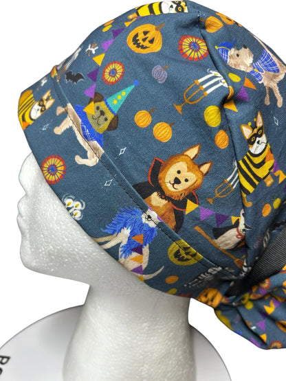 Howl-oween Dogs Scrub Cap| Halloween Costume Ponytail Hat with Adjustable Ribbon Ties | Medical Headwear