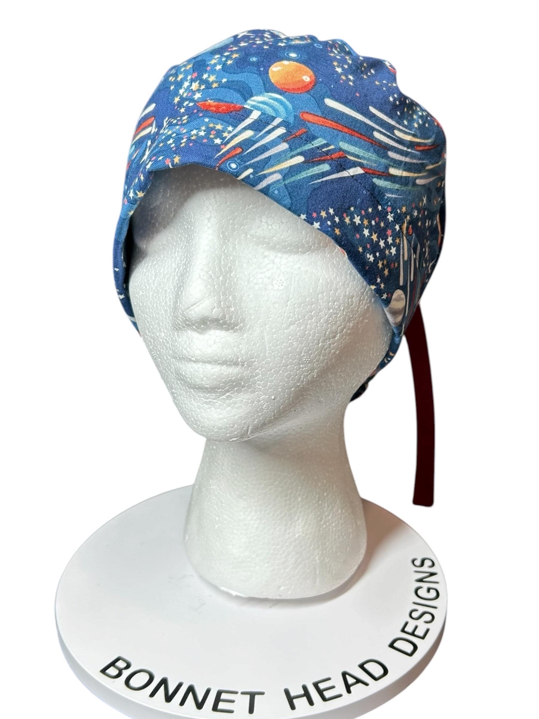 Scrub Caps with bun pocket and optional satin and mask buttons| Outer Space Print