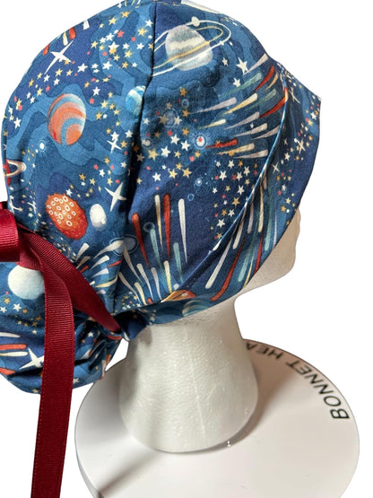 Scrub Caps with bun pocket and optional satin and mask buttons| Outer Space Print