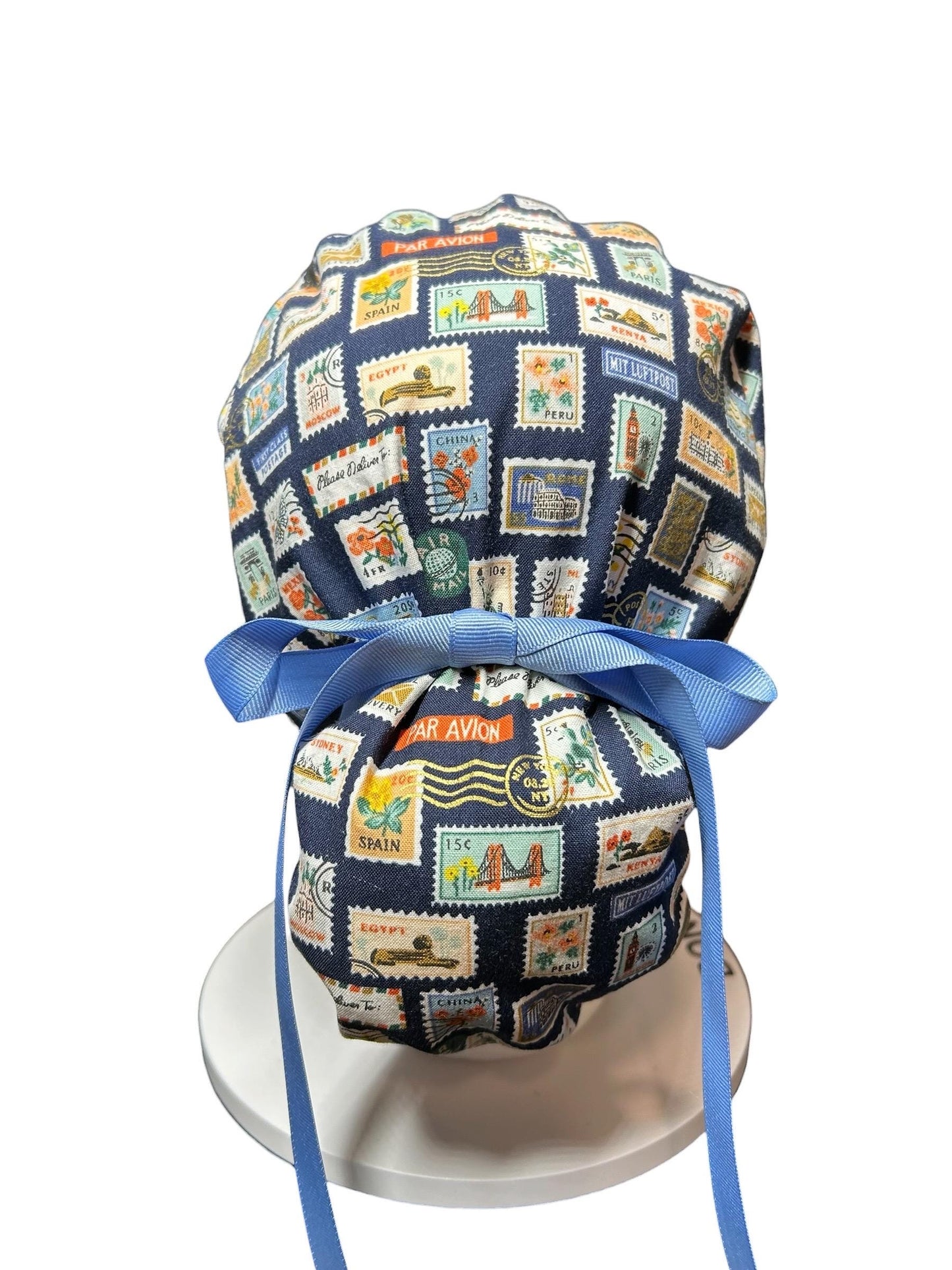 Women’s scrub cap: Rifle Paper Co navy stamp print with ribbon ties
