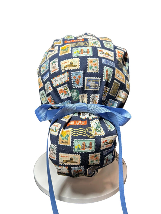 Women’s scrub cap: Rifle Paper Co navy stamp print with ribbon ties