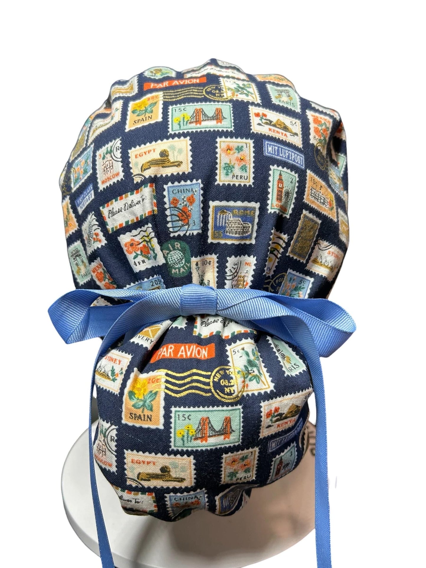 Women’s scrub cap: Rifle Paper Co navy stamp print with ribbon ties
