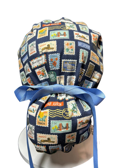 Women’s scrub cap: Rifle Paper Co navy stamp print with ribbon ties