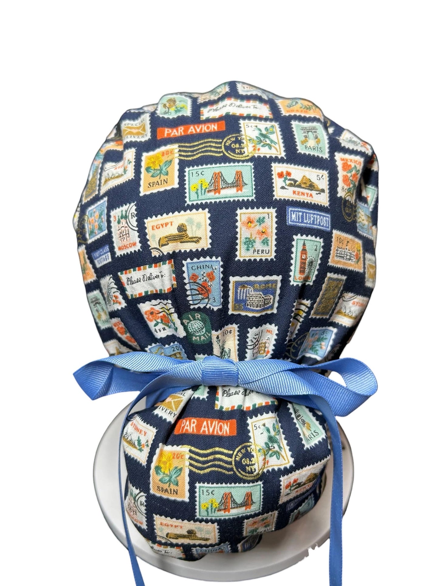 Women’s scrub cap: Rifle Paper Co navy stamp print with ribbon ties