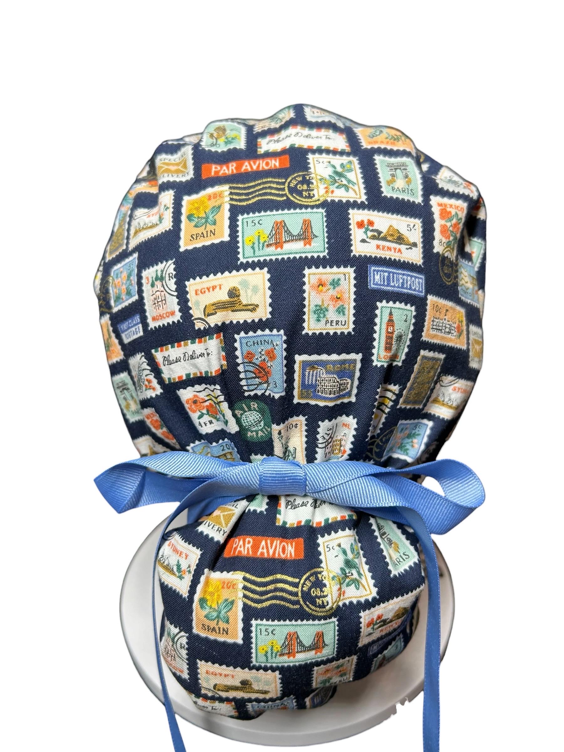 Women’s scrub cap: Rifle Paper Co navy stamp print with ribbon ties