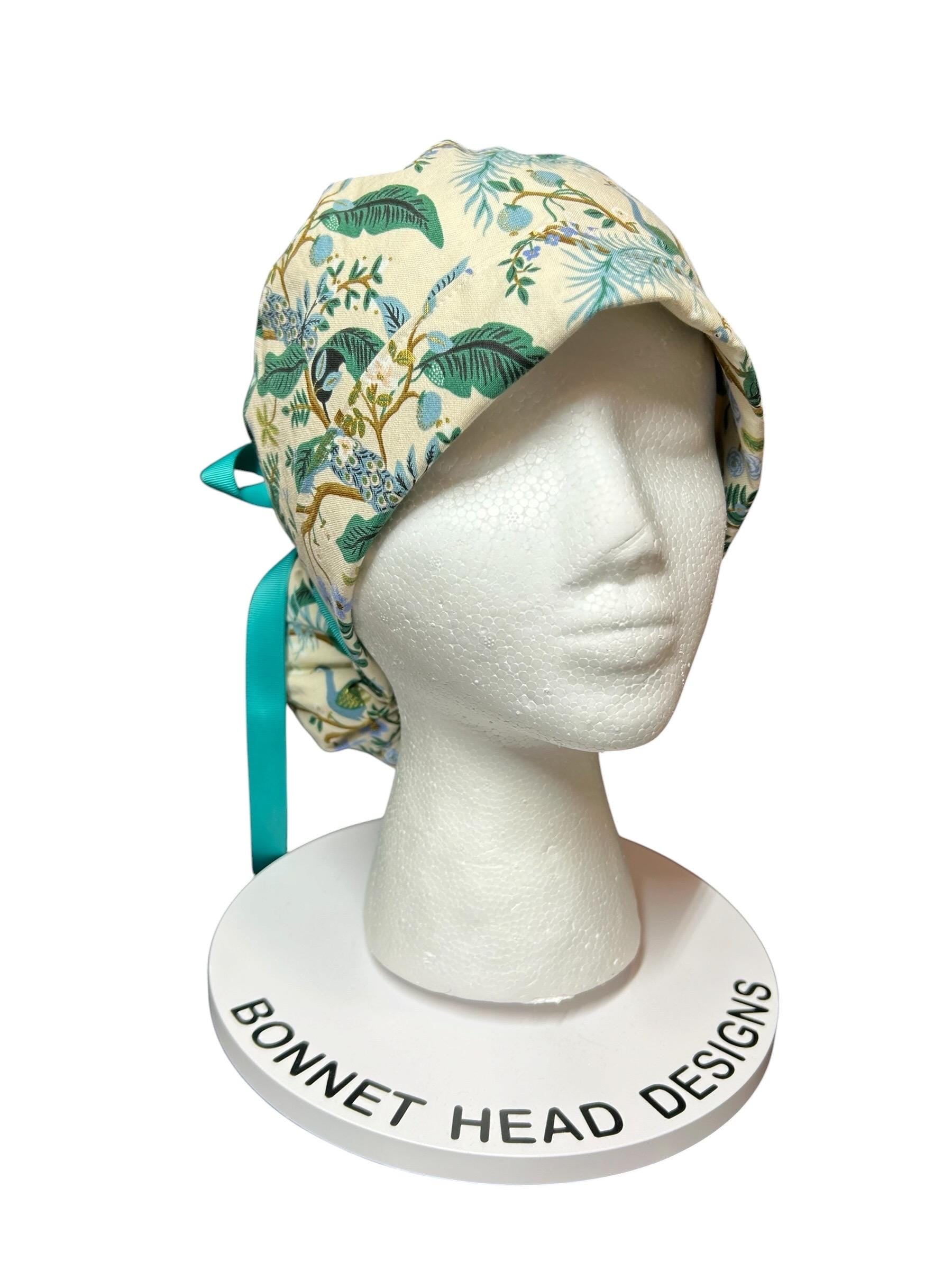 Peacock print scrub cap, Rifle Paper Co cream fabric