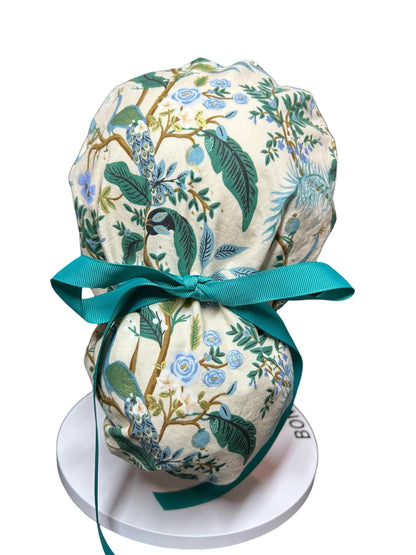 Peacock print scrub cap, Rifle Paper Co cream fabric