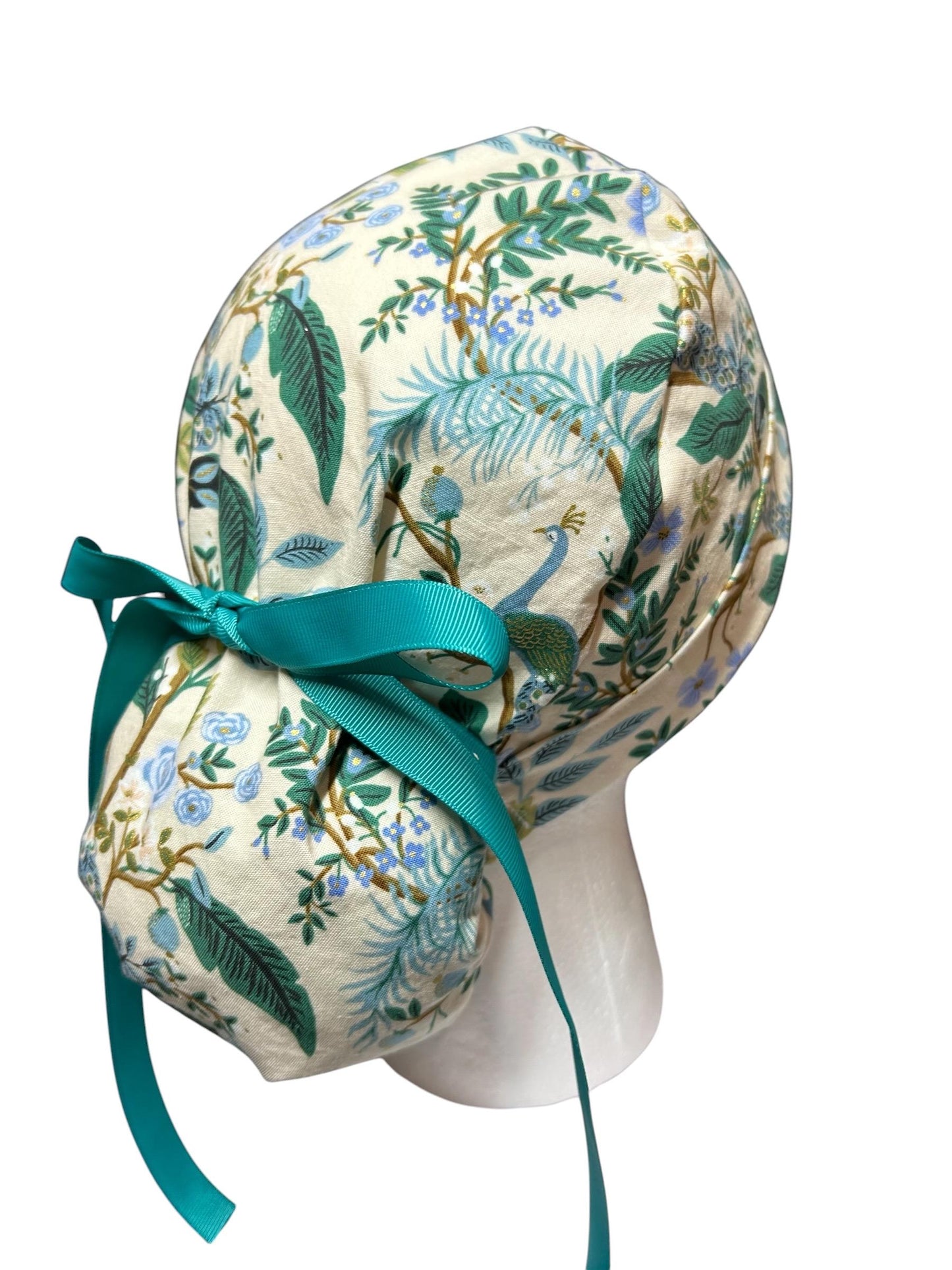 Peacock print scrub cap, Rifle Paper Co cream fabric