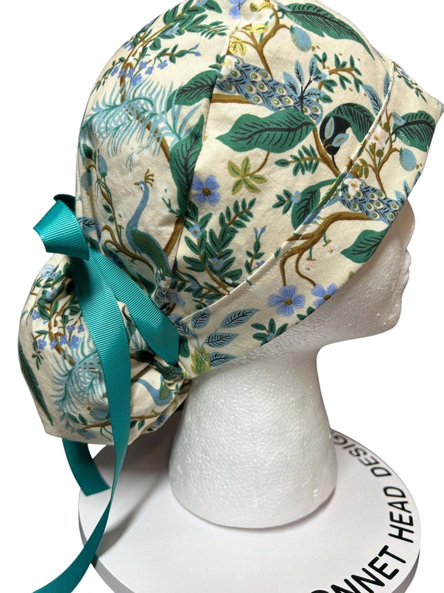 Peacock print scrub cap, Rifle Paper Co cream fabric