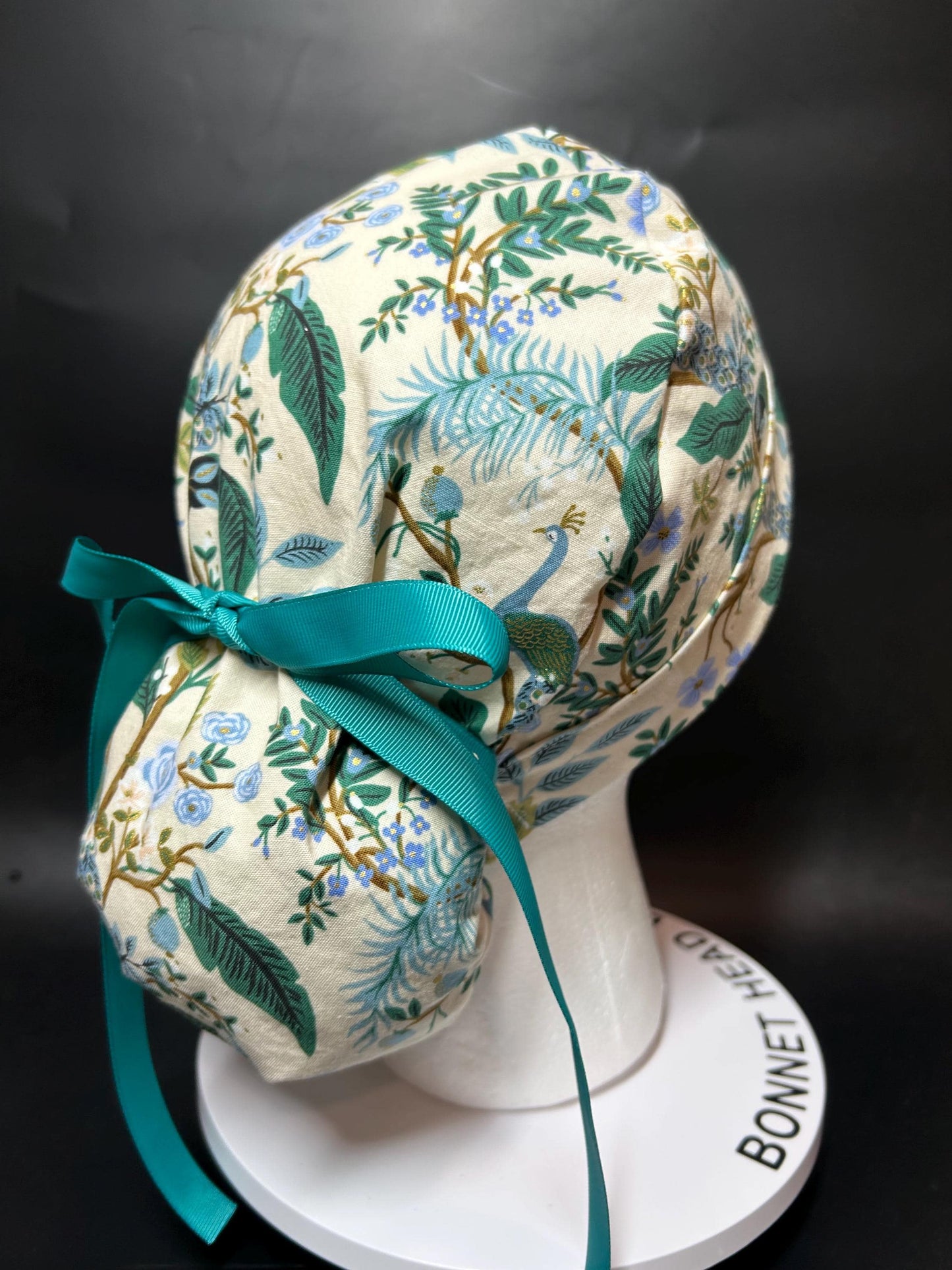 Peacock print scrub cap, Rifle Paper Co cream fabric