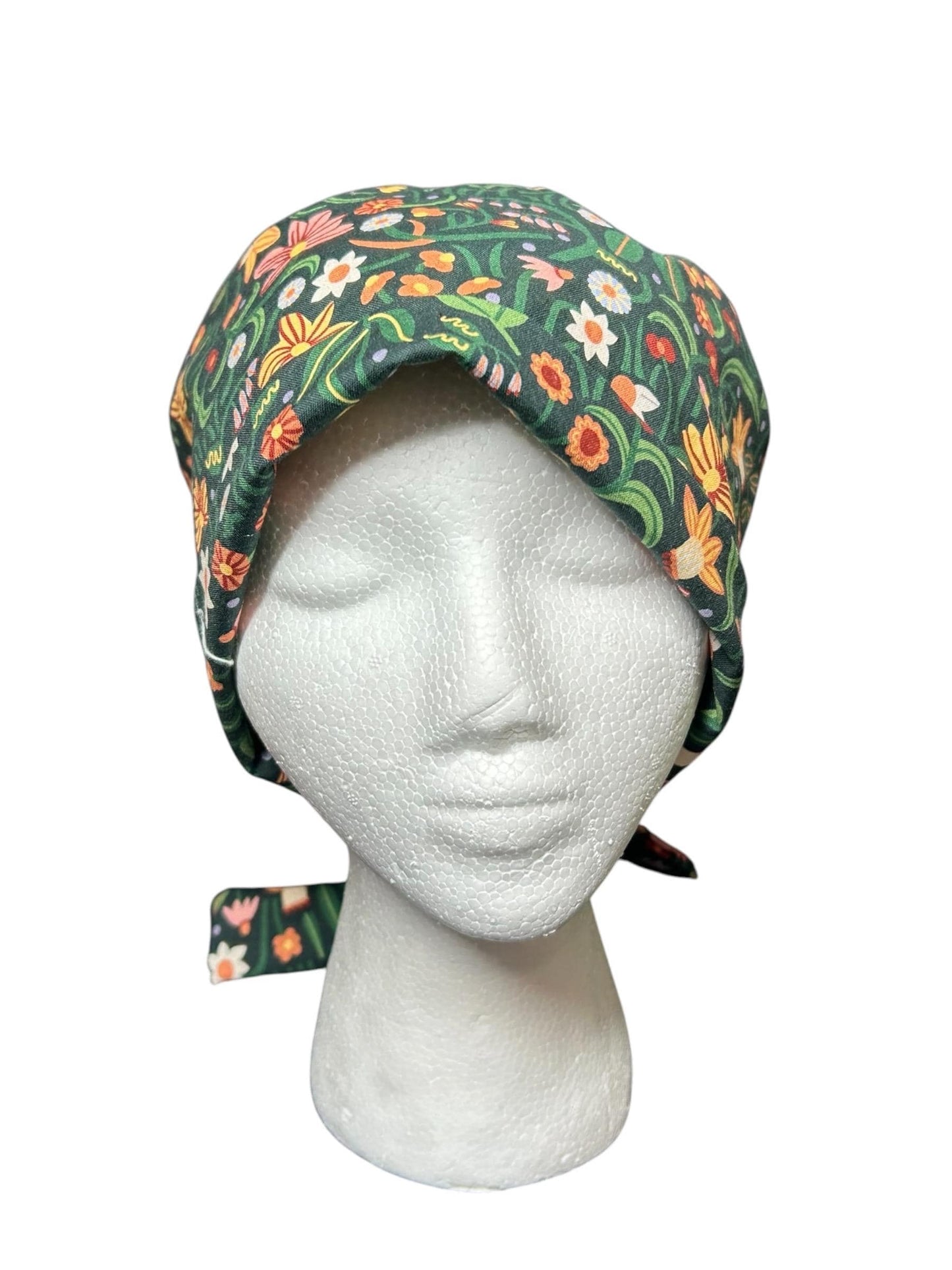 Tie back scrub cap: Green floral print and satin lining option