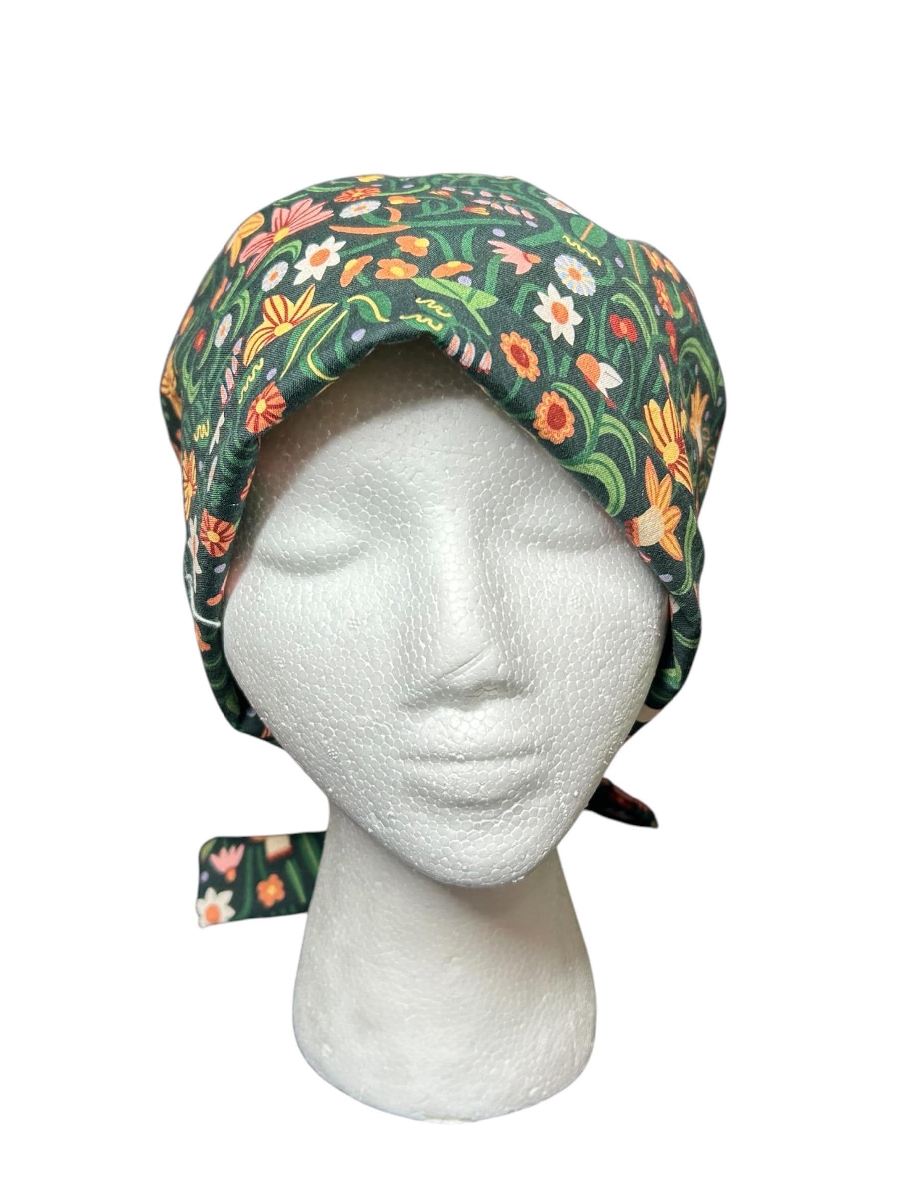 Tie back scrub cap: Green floral print and satin lining option