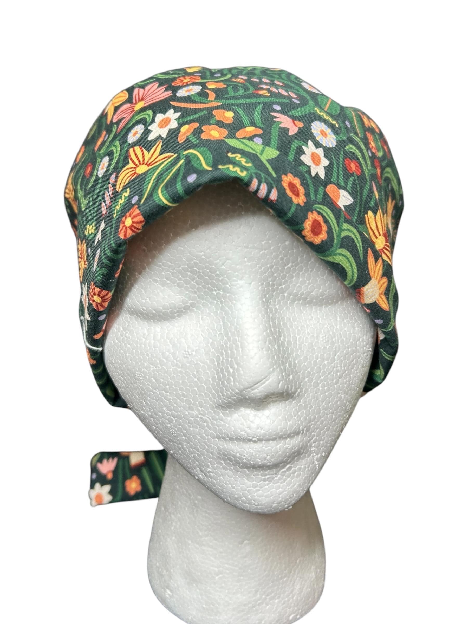 Tie back scrub cap: Green floral print and satin lining option
