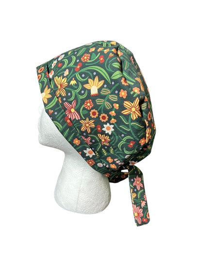 Tie back scrub cap: Green floral print and satin lining option
