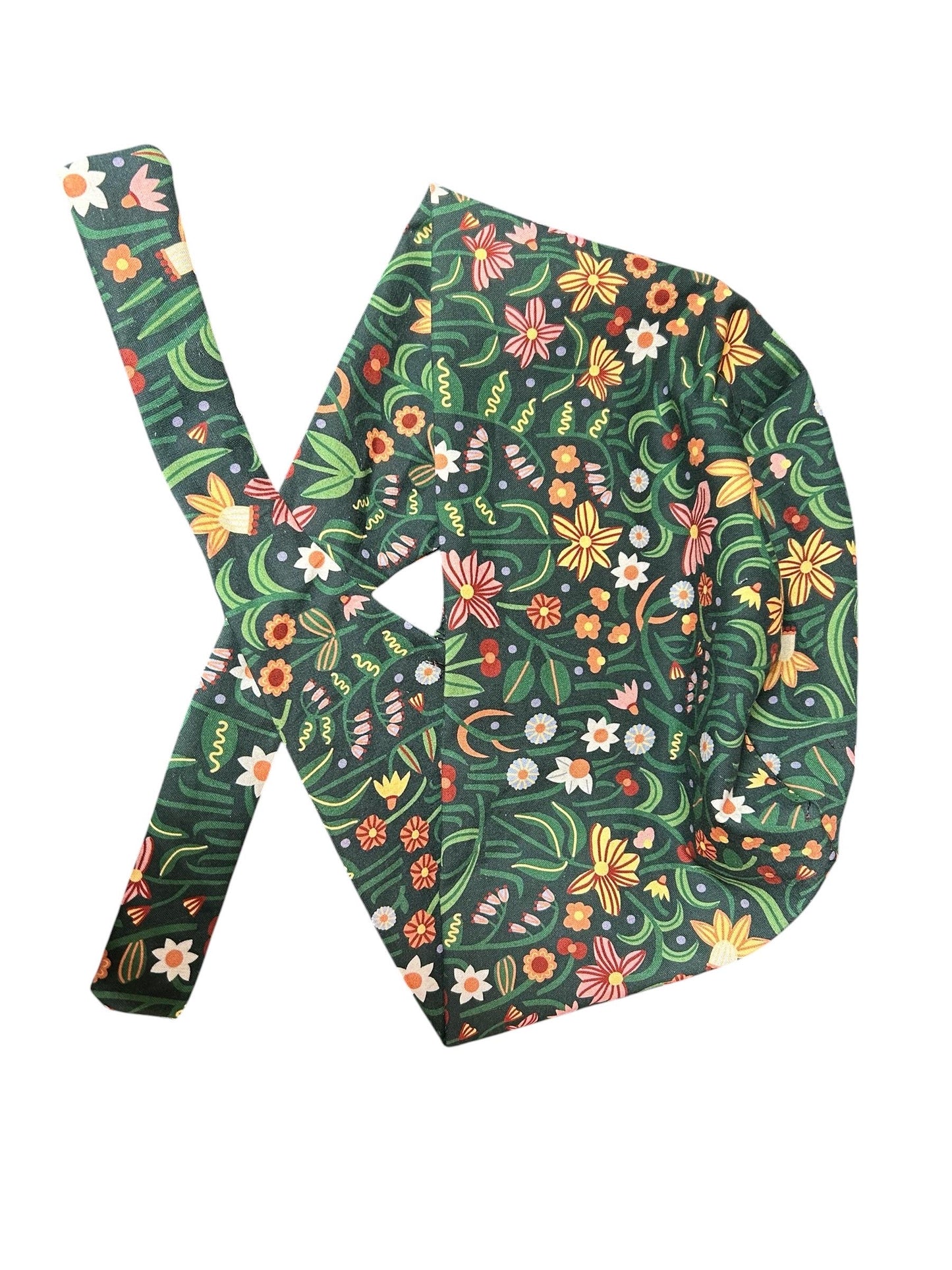 Tie back scrub cap: Green floral print and satin lining option