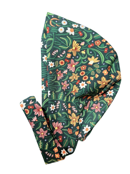Tie back scrub cap: Green floral print and satin lining option