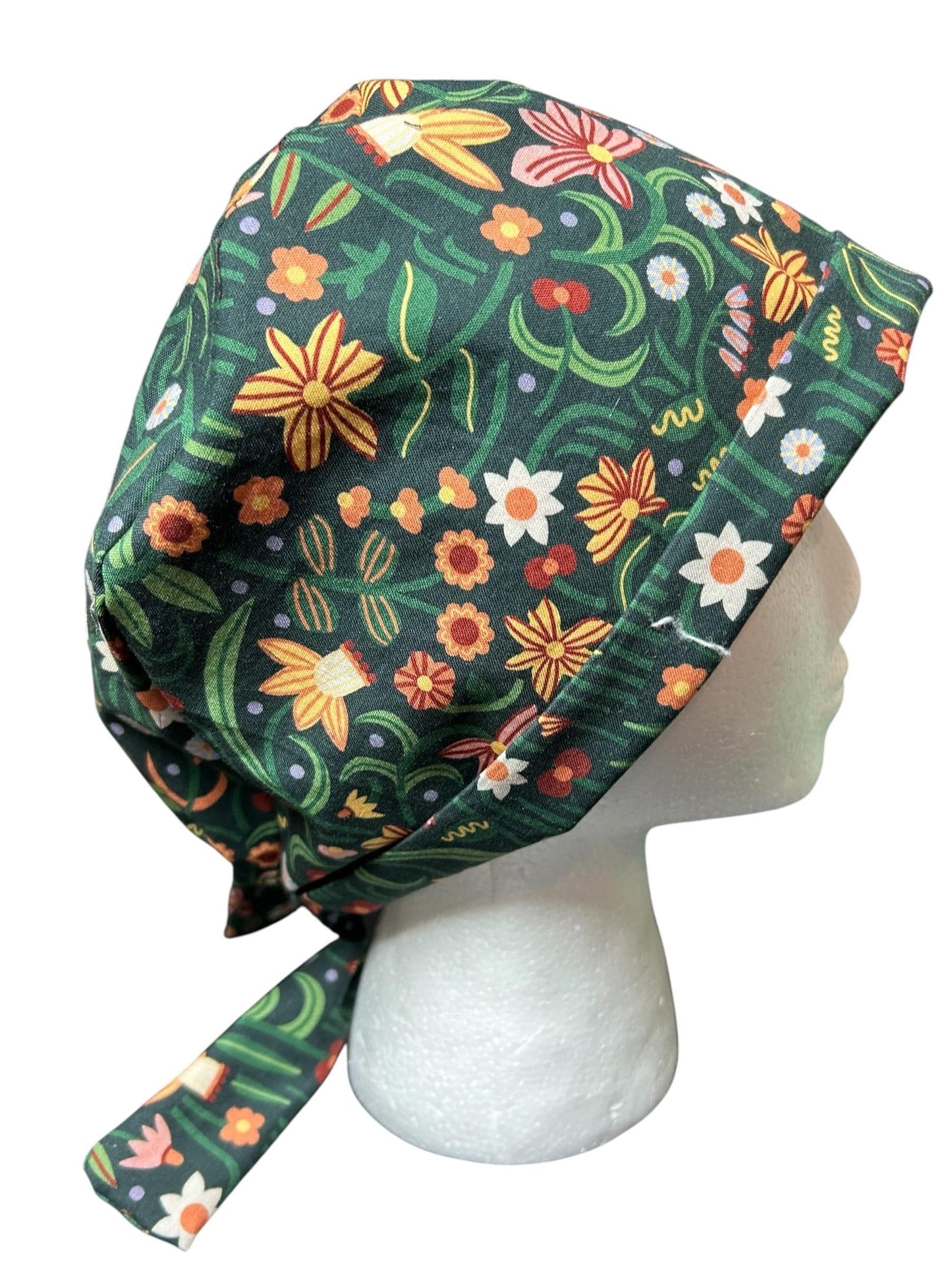 Tie back scrub cap: Green floral print and satin lining option