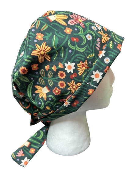 Tie back scrub cap: Green floral print and satin lining option