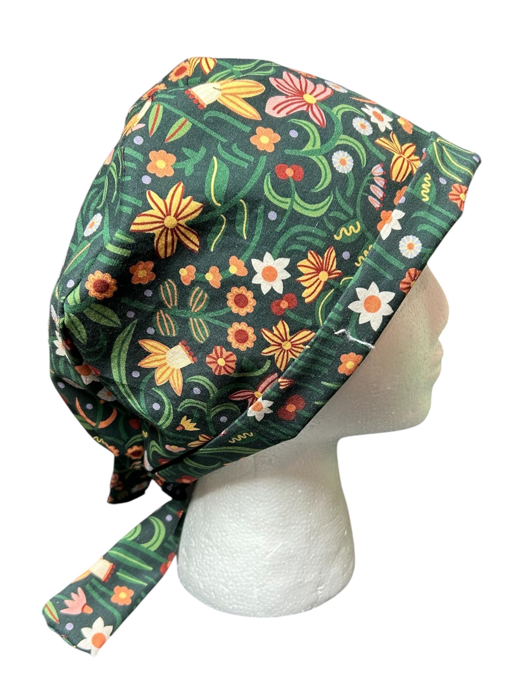 Tie back scrub cap: Green floral print and satin lining option